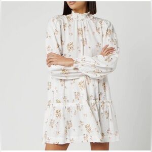 Free People Petit Fours Mini Dress Large Floral High Neck Long‎ Sleeve Linen